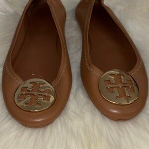 Tory Burch Tan Leather Logo Ballet Flats